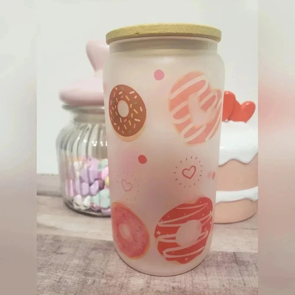 16oz donut hearts frosted glass‎ custom cup with lid and straw, valentines day